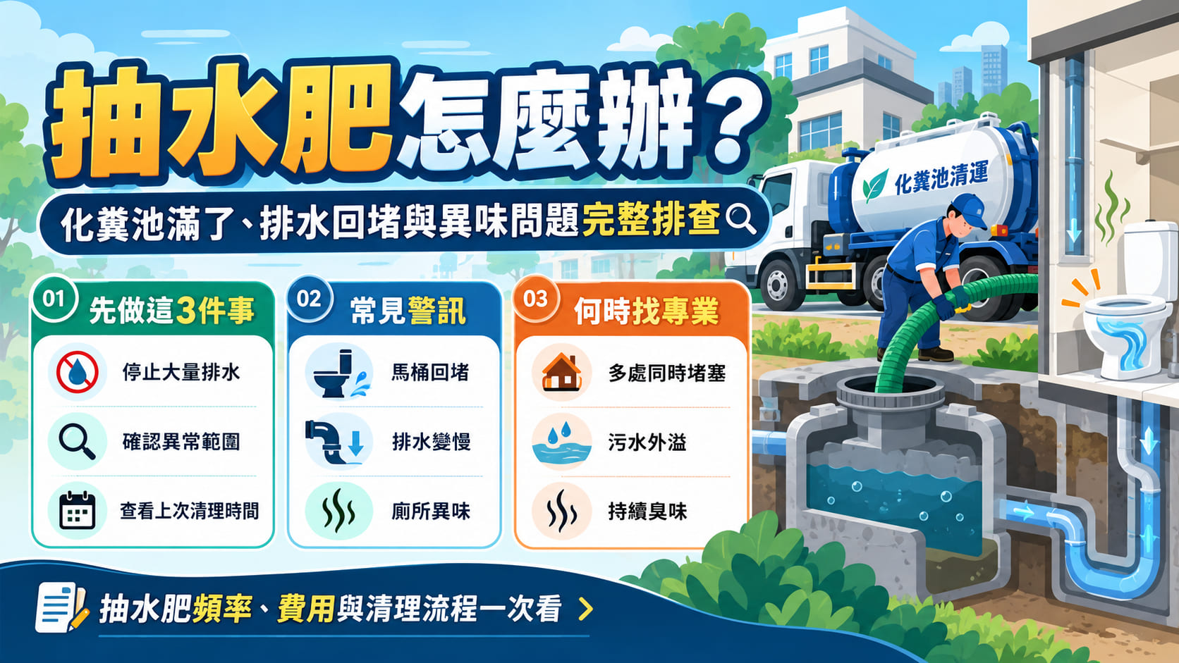 抽水肥怎麼辦?化糞池滿了、馬桶回堵、異味原因與清理流程一次看